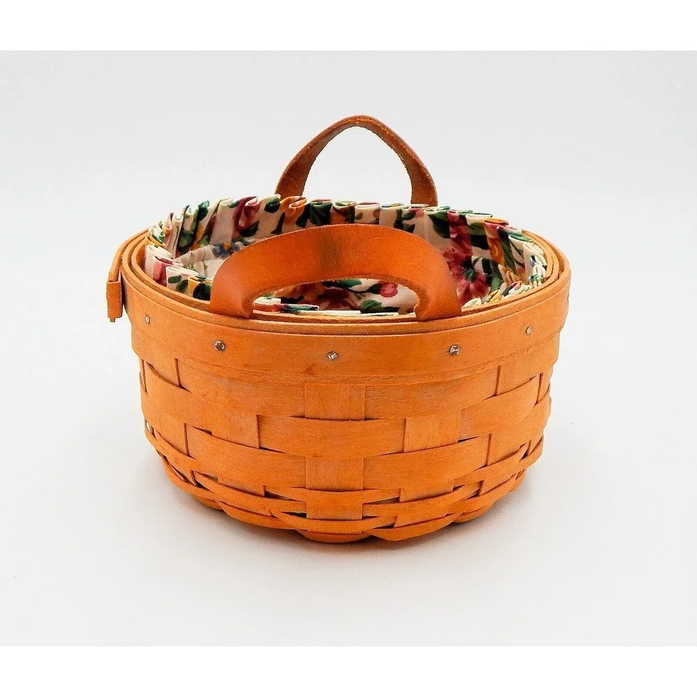 Longerberger 1996 Round Basket Leather Handles Fabric Liner and Warming Brick